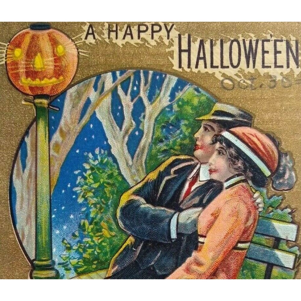 Victorian Halloween Postcard Pumpkin Head Street Light 1910 Embossed Series 552